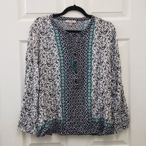 Roz & Ali, long sleeve, tie neckline, 4 button front,  boho pheasant blouse, LG